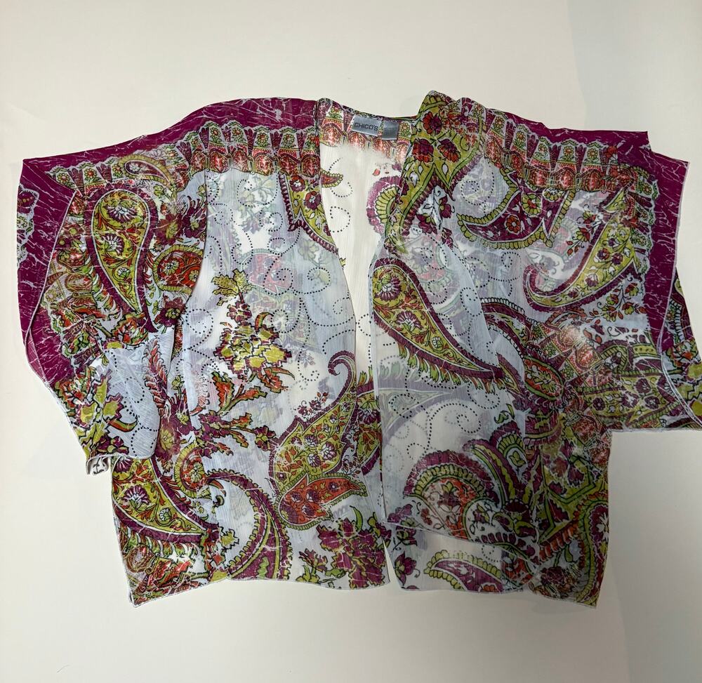 Chico's Sheer Paisley Kimono Cardigan Open Front Floral